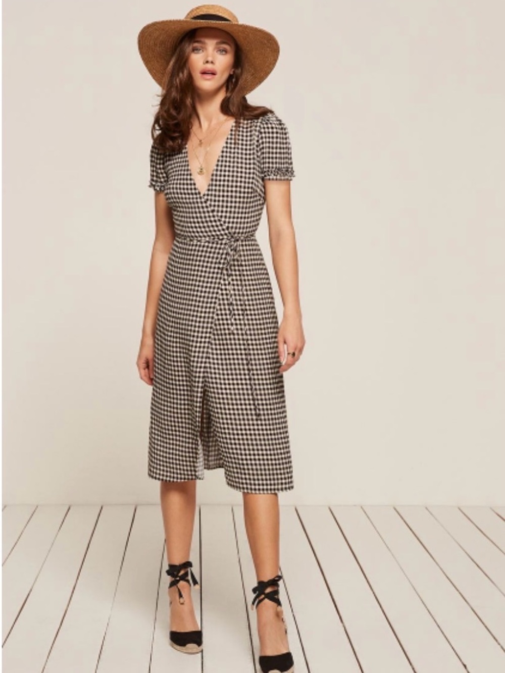 Reformation Addy Gingham Wrap Midi Dress in Black and White Size S